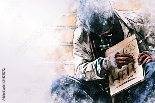 Abstract colorful business senior man homeless alone on watercolor illustration painting background.