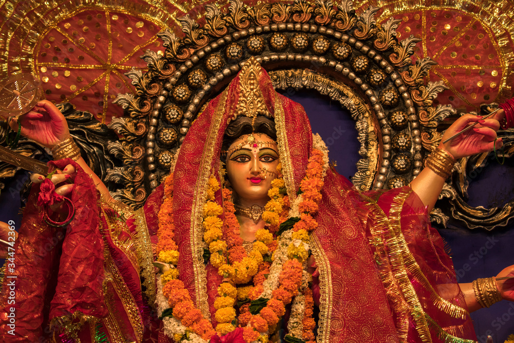 Idol Sculpture of Hindu Goddess Durga during Durga Puja festival 