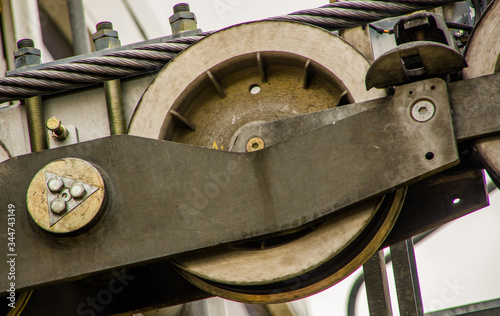 Pichincha, Ecuador September 18, 2017: Close up of teleferico metallic structure machine from where works, in a foggy day, on the top of the Pichincha mountain, in Quito, Ecuador photo