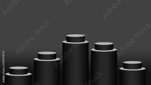 black pedestal cylinder circle five steps for cosmetics showcase, 3d podium circle stage black grey color, platform 5 steps for advertising copy space, podium round five layers for product display