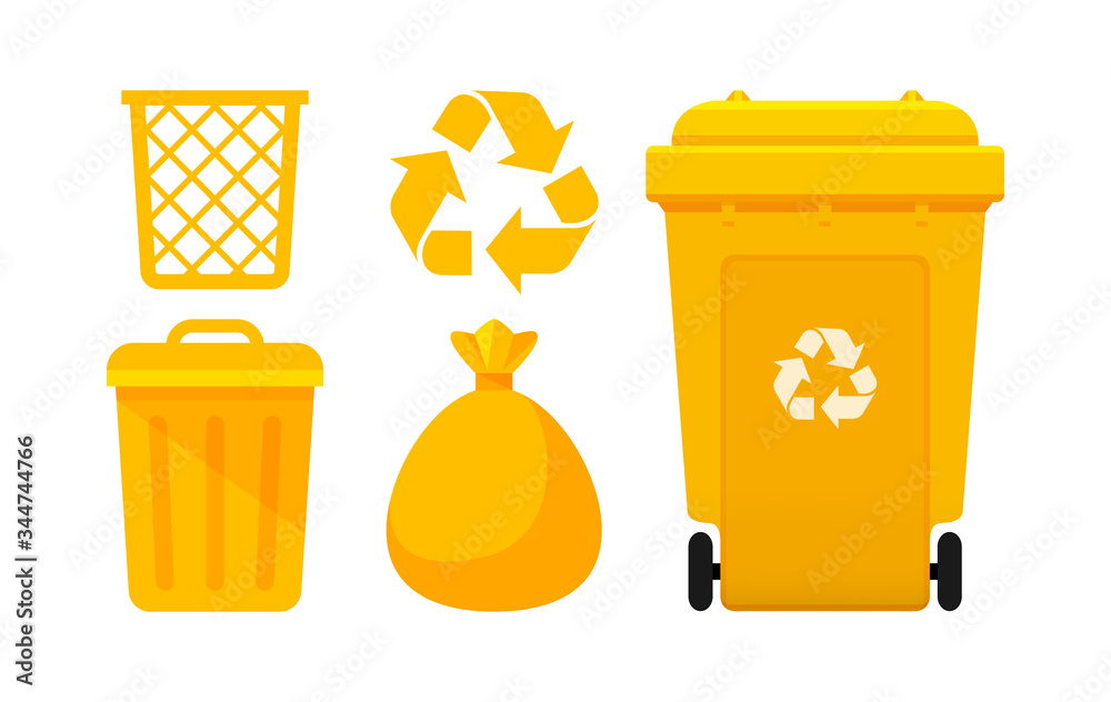 Yellow Bin Collection, Recycle Bin and Yellow Plastic Bags Waste