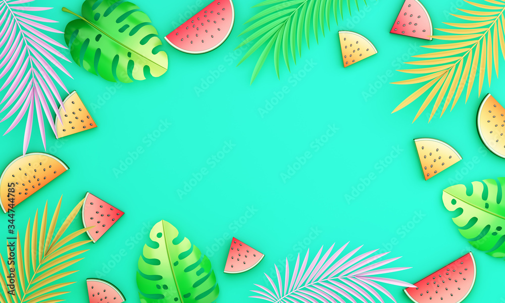 Fototapeta premium Tropical palm leaves, monstera, watermelon banners template on blue background, invitation card design, summer background, copy space text area, 3D rendering illustration.