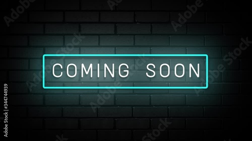 Coming Soon neon sign. white and blue glow. neon text. on brick wall background