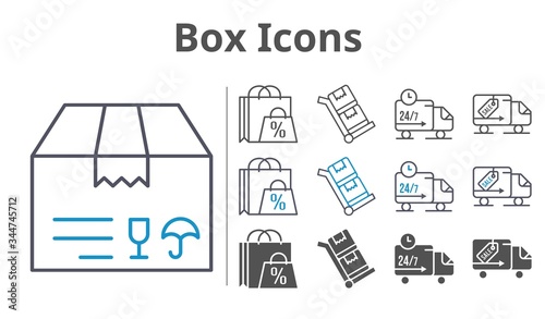 box icons icon set included shopping bag, package, delivery truck, trolley icons