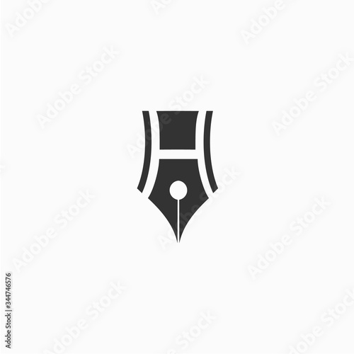 Letter H. Logo silhouette of the tip of a pen that forms a negative space letter H.