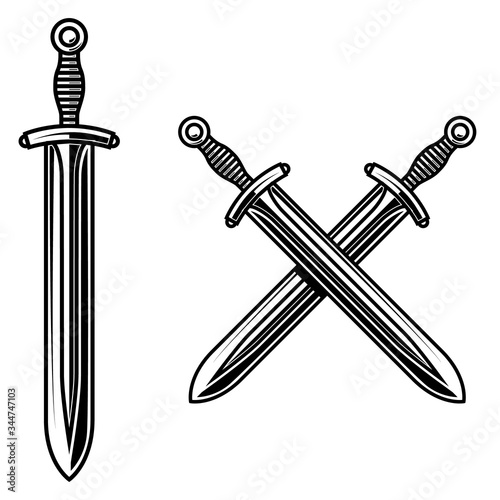 Illustration of crossed knight swords in engraving style. Design element for logo, label, emblem, sign. Vector illustration