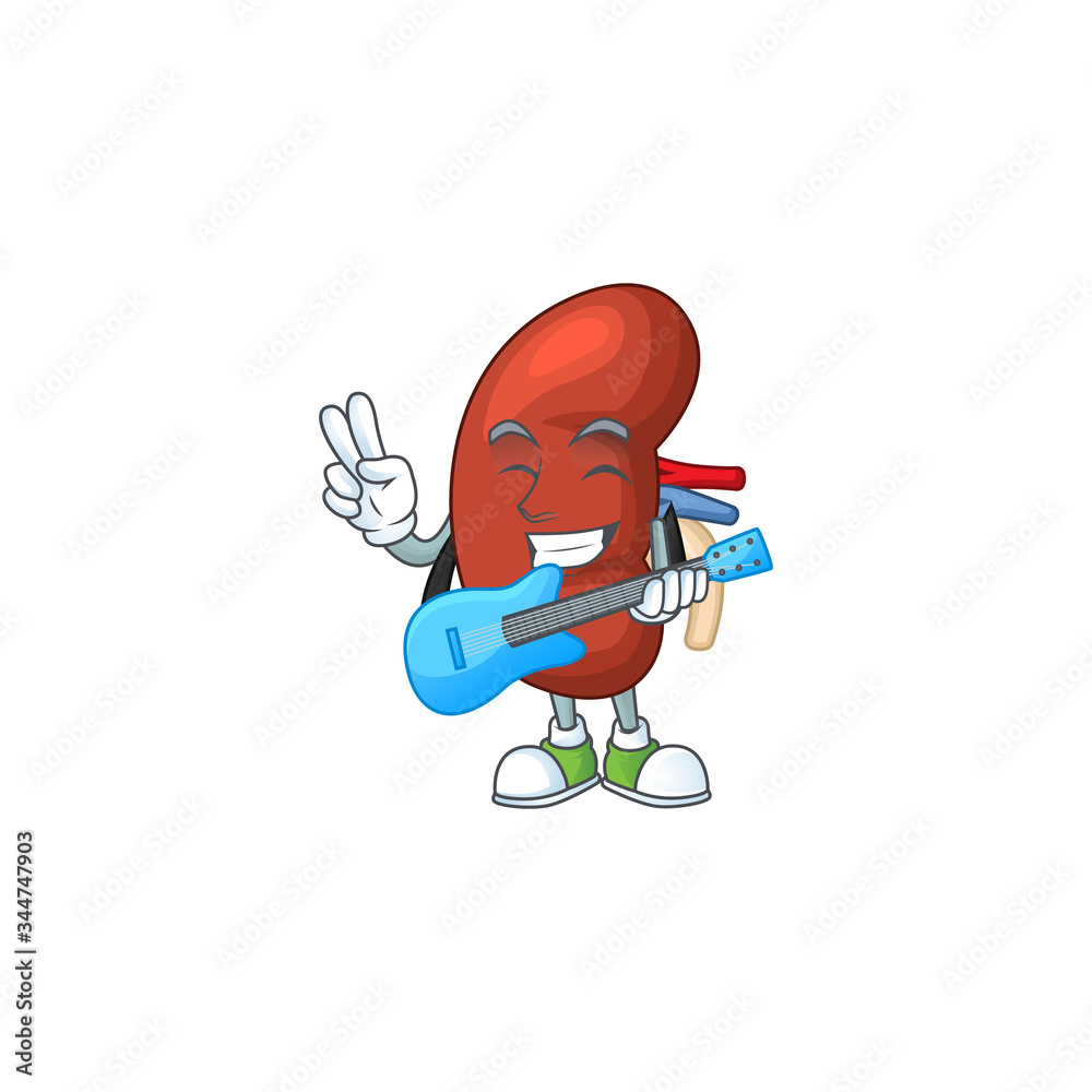 Fototapeta Happy face of leaf human kidney cartoon plays music with a guitar