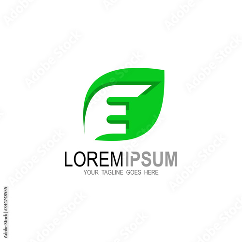 Letter E logo with leaf design nature, green logo template