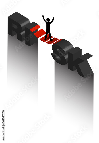 Isometric on the topic of risk, a stick man stands on a suspension bridge over a precipice. Fear of heights. Overcoming fears. Isolated vector