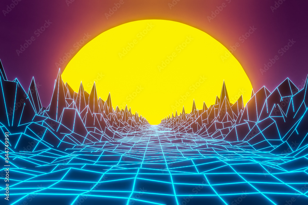 3d rendering, Virtual reality, road from geometric lines between the mountains to the setting sun.Design in the style of the 80s.  Futuristic synthesizer retro wave illustration