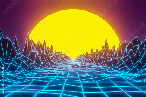Canvas Print 3d rendering, Virtual reality, road from geometric lines between the mountains to the setting sun