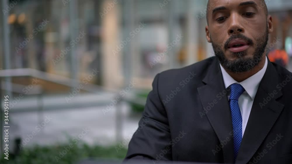 African American male entrepreneur in formal wear using public internet connection on modern laptop device for online accounting for documents sitting in cafe terrace, analyze of capital investment
African American male entrepreneur in formal wear using public internet connection on modern laptop device for online accounting for documents sitting in cafe terrace, analyze of capital investment
