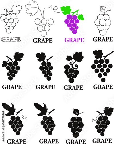 Grape Icon Food Fruits Outlined silhouette,Grapes icon. Grapevine with leaf. Wine logo. Fruit pictogram. Vector illustration isolated