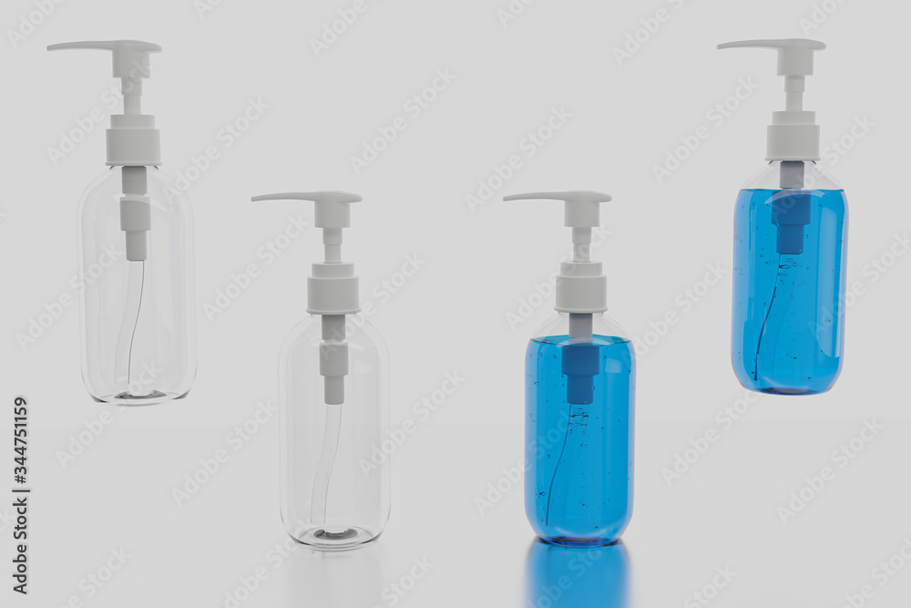 Obraz premium Alcohol gel sanitizer hand gel cleaners for anti Bacteria and virus on White Background with reflection and with out reflection , People using alcohol gel to wash hands to prevent COVID-19 virus. 3D R