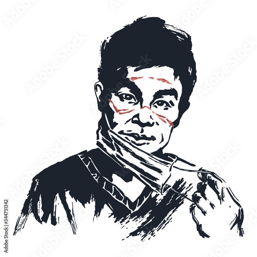 Male portrait of tired doctor, man takes off the medical mask.