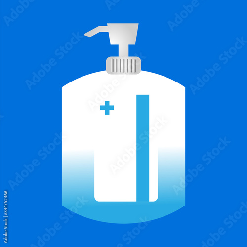 Illustration reagent cleaning and sterilizing agent pump bottle of on blue background with space for write wording, for making PR media of preventing COVID-19 pandemic that affect health and economic