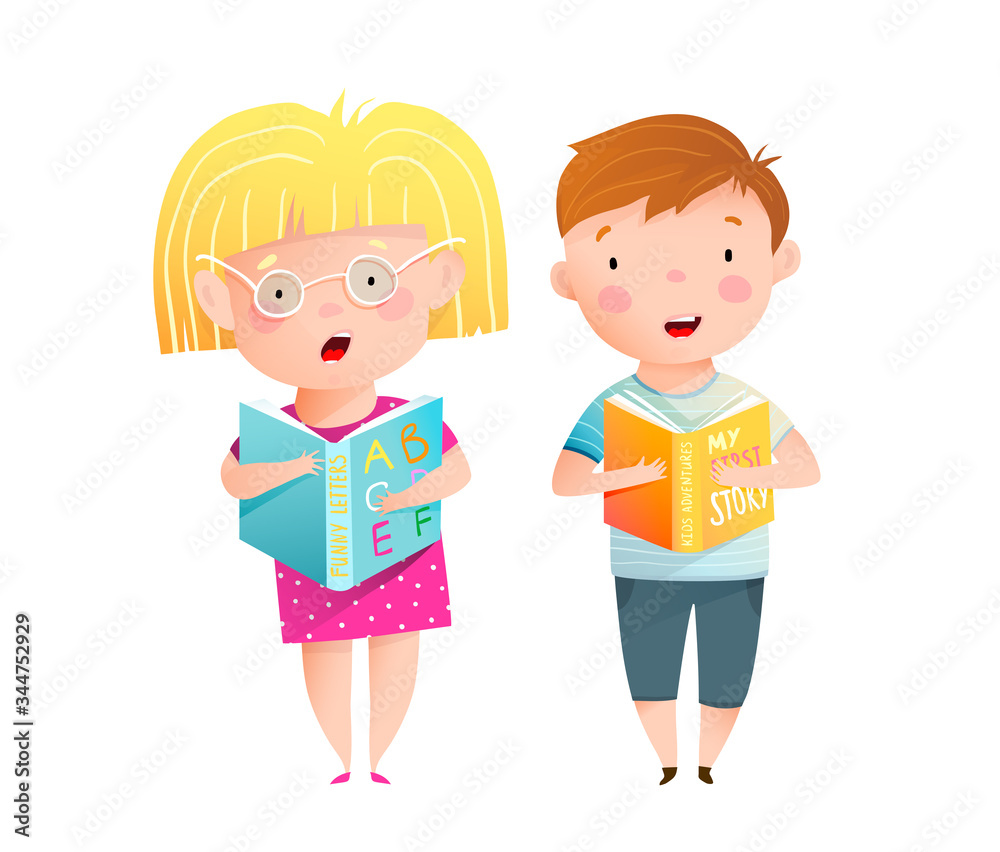 Smart little kids reading book aloud standing together. Cute children study to read, hold ABC books, read with mouth open, wear glasses. Funny educational school or kindergarten vector cartoon. Smart little kids reading book aloud standing together. Cute children study to read, hold ABC books, read with mouth open, wear glasses. Funny educational school or kindergarten vector cartoon.