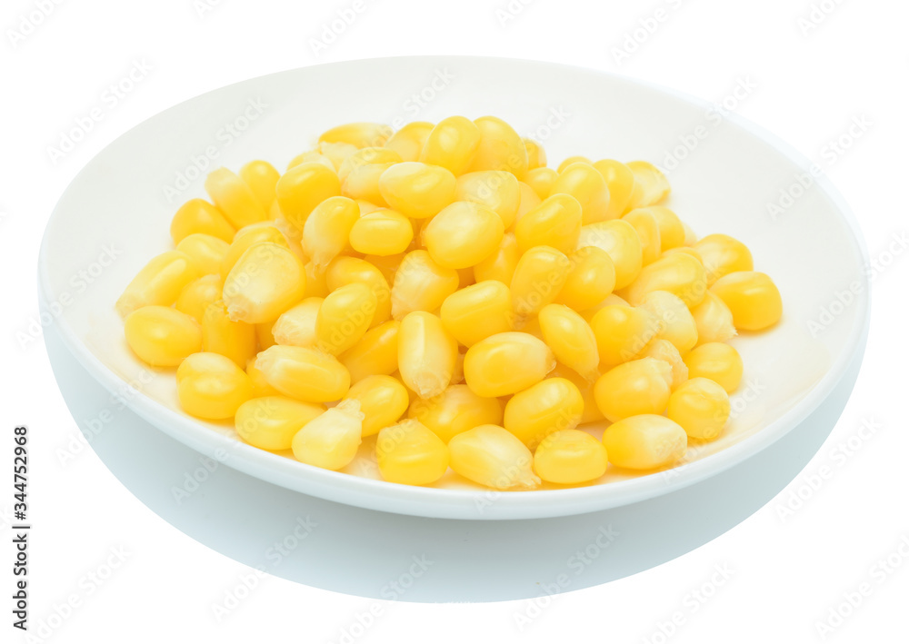 Boiled corn seeds in white plate isolated on white background. Boiled corn seeds in white plate isolated on white background.
