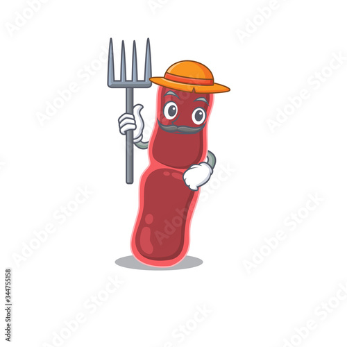 Cartoon character design of bacillus bacteria as a Farmer with hat and pitchfork