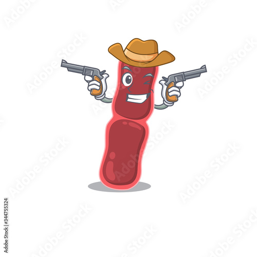 Cute handsome cowboy of bacillus bacteria cartoon character with guns