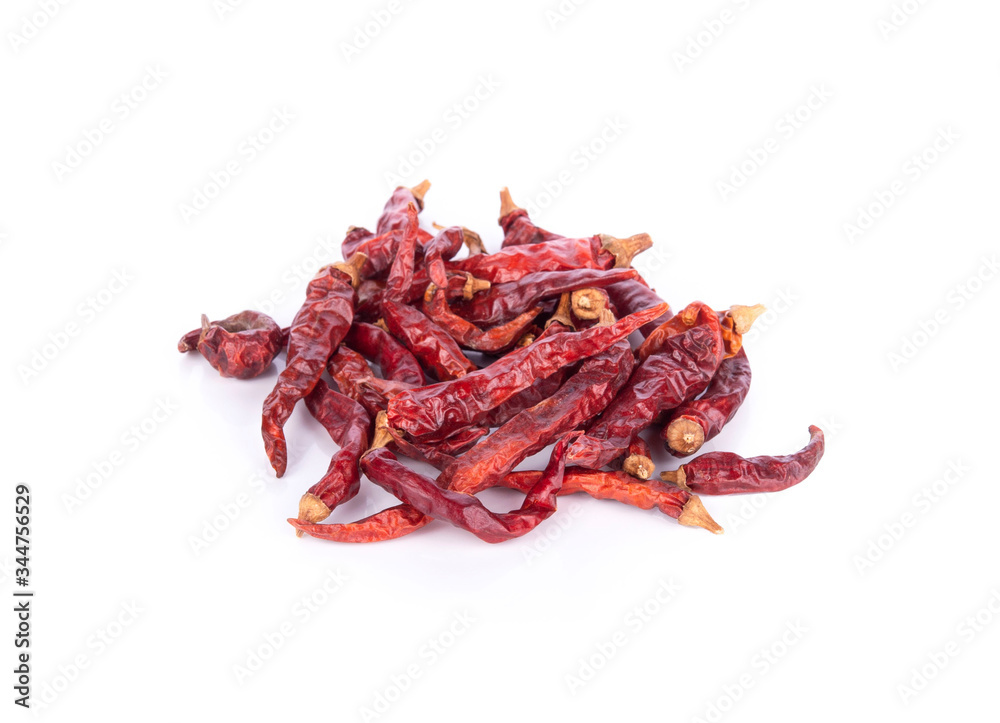 Dried chili peppers on white background