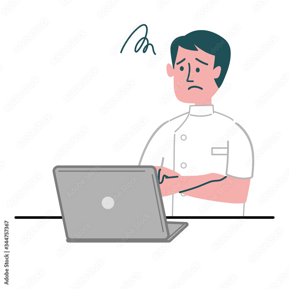 医師　医者　看護師　医療従事者　男性　パソコン　困っている