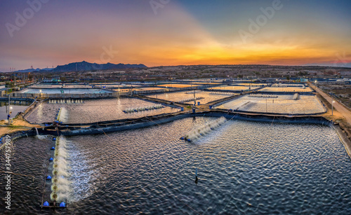 Картината върху платно Aerial view of the prawn farm with aerator pump in front of Ninh Phuoc, Ninh Thuan, Vietnam