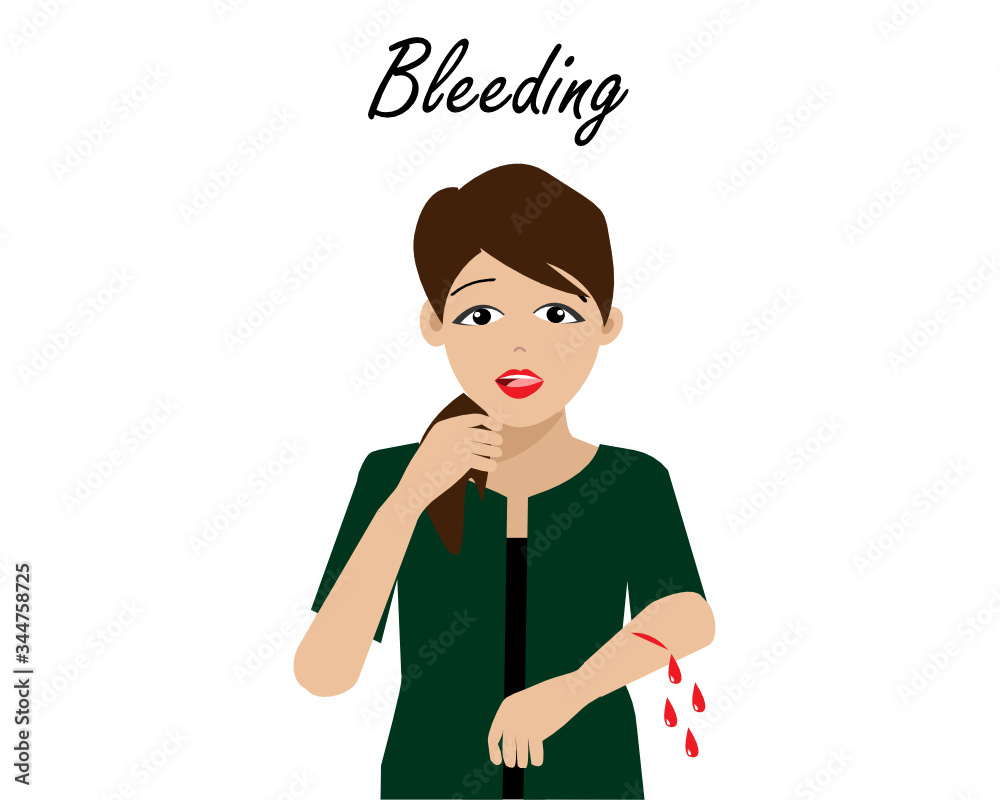 Young beautiful woman suffering from bleeding blood at her arm. Isolated on white background. Idea for accident and medical healthcare concept