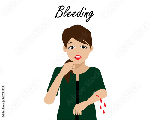 Young beautiful woman suffering from bleeding blood at her arm. Isolated on white background. Idea for accident and medical healthcare concept