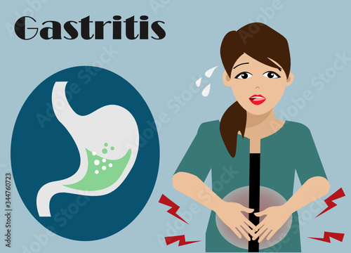 Young beautiful woman suffering from gastritis pain symptoms. Isolated on light blue background. Vector Illustration.