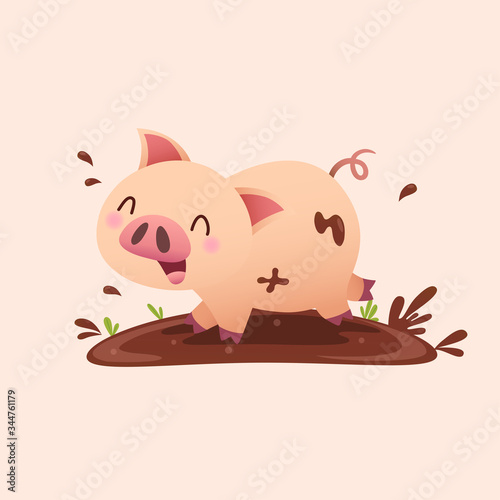 Vector illustration cartoon pig playing in the mud.