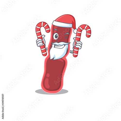 Friendly bacillus bacteria in Santa Cartoon character holds Christmas candies