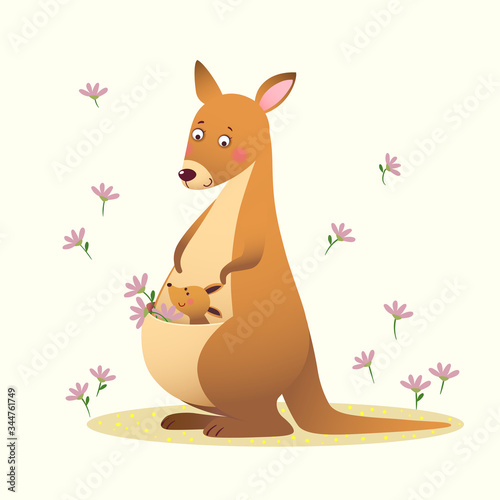 Vector illustration of a cartoon kangaroo with her little cute baby kangaroo on yellow background.