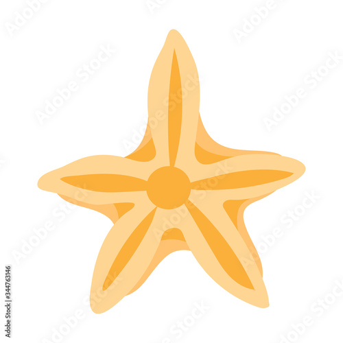Five-pointed luxurious marine yellow star from the bottom of the ocean or sea.Logo for spa, sea party, beach area, aquarium shop, oceanarium.Funny vector star in flat style