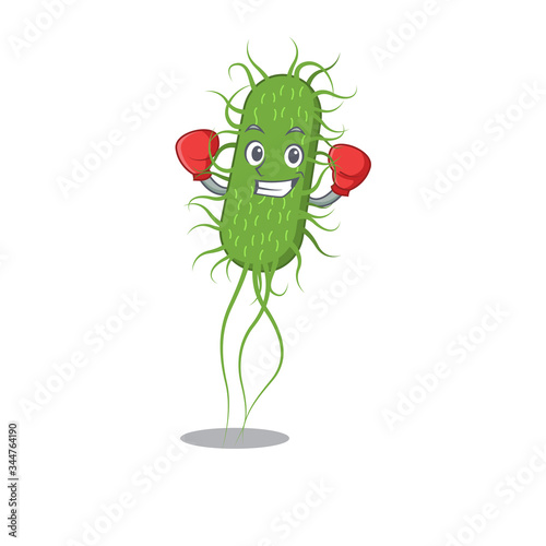 A sporty boxing athlete mascot design of e.coli bacteria with red boxing gloves