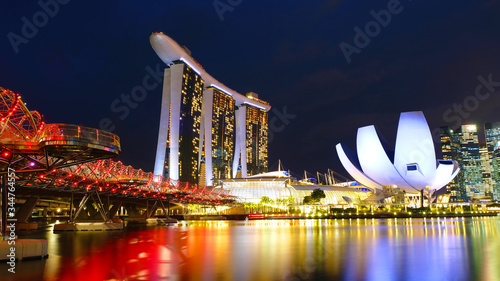 Photography SINGAPORE-2019-11-20:Marina bay sands and business distirct in night time beside riverside at Singapore