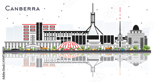 Canberra Australia City Skyline with Gray Buildings and Reflections Isolated on White.