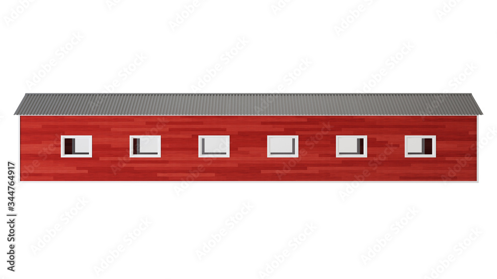 Red barn on a white background. Clipping path included. 3D rendering.