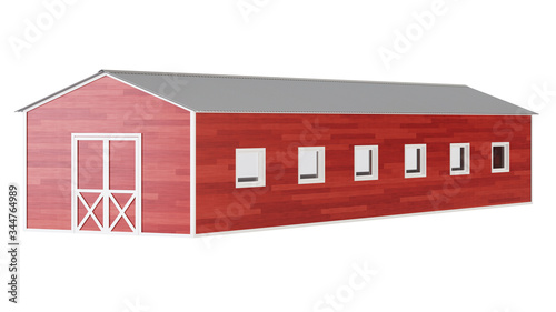 Red barn on a white background. Clipping path included. 3D rendering.