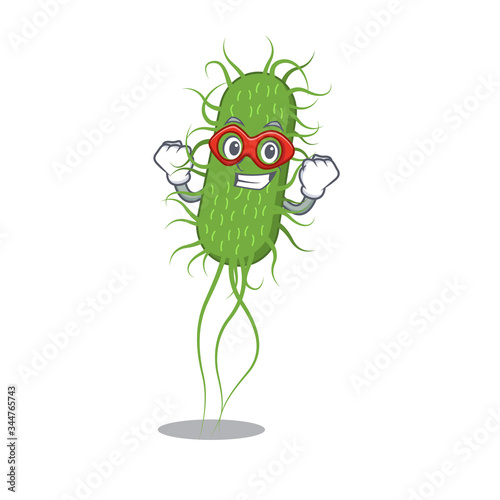 A cartoon character of e.coli bacteria performed as a Super hero