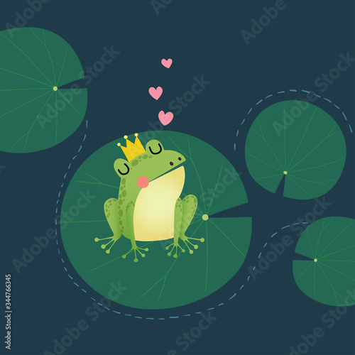 Vector illustration of a cute little frog prince with a golden crown on the lotus leaf.