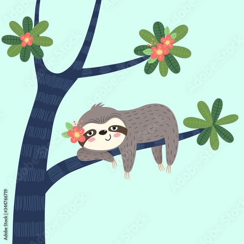 Vector illustration of a lazy sloth sleeping on the tree.
