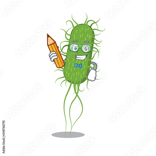 A brainy student e.coli bacteria cartoon character with pencil and glasses
