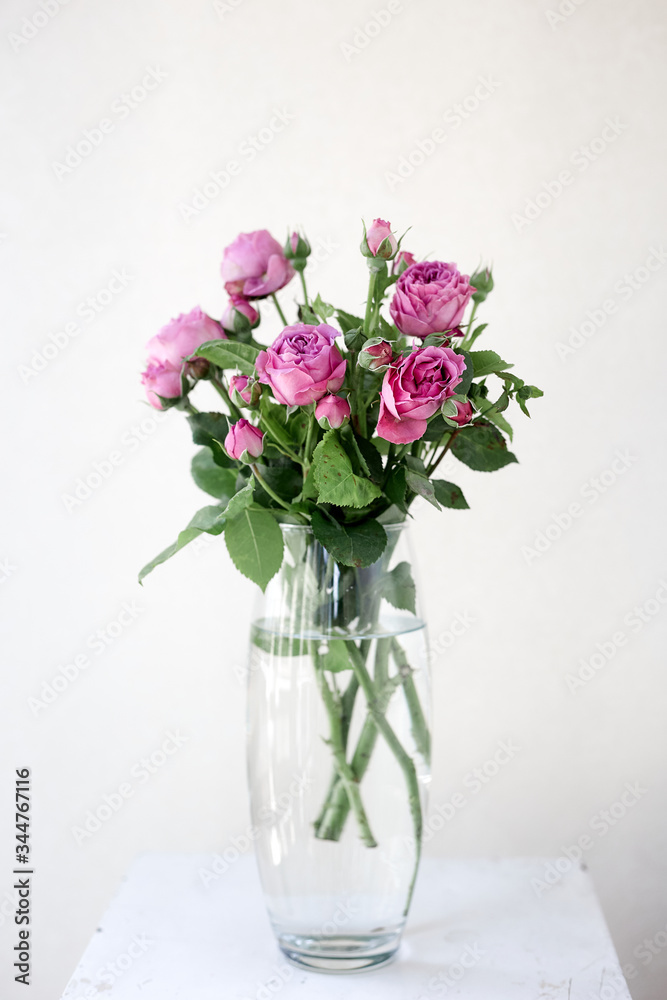 A vase filled with purple roses flowers 