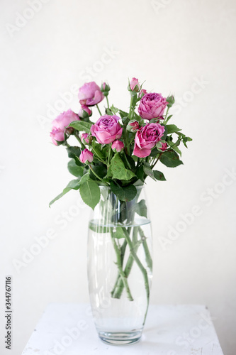 A vase filled with purple roses flowers 
