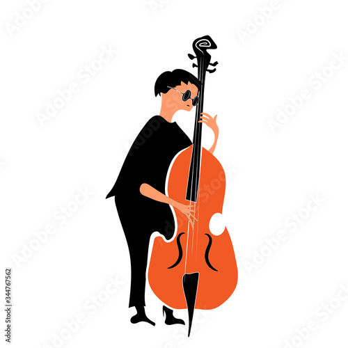 Jazz musician in black clothes playing the double bass.