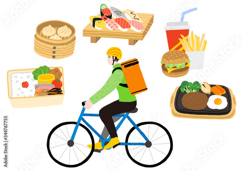 自転車に乗っている配達員の男性　出前　デリバリー　宅食