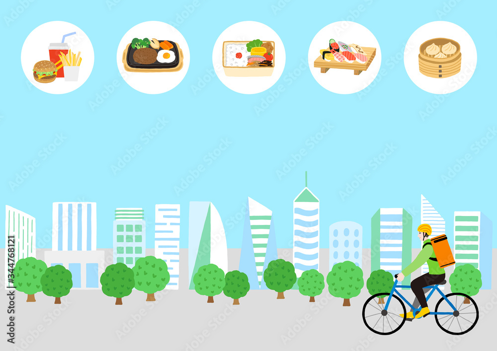 Fototapeta premium 自転車に乗っている配達員の男性と高層ビル群の風景 出前 デリバリー 宅食 料理