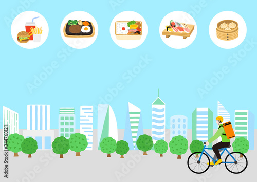 自転車に乗っている配達員の男性と高層ビル群の風景　出前　デリバリー　宅食　料理