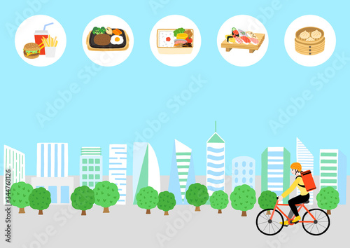 自転車に乗っている配達員の女性と高層ビル群の風景　出前　デリバリー　宅食　料理